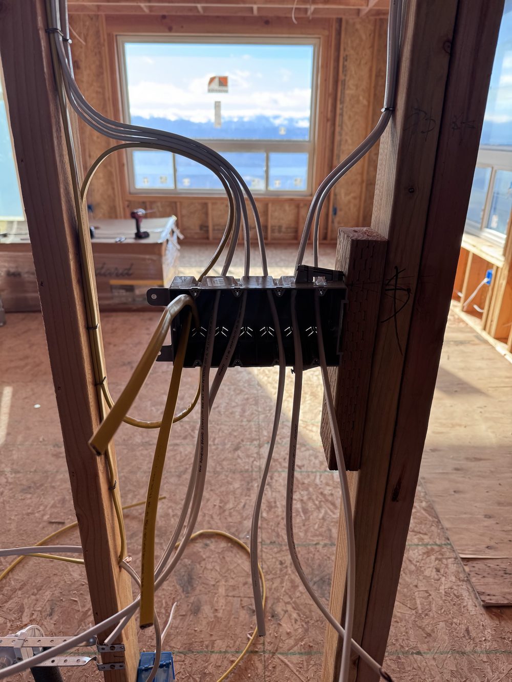 Several cables run through a stud and gathered at a box, in a framed room with a wide window view.
